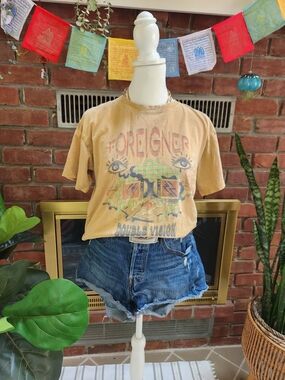 Foreigner Double Vision Graphic Band Tee | Vintage Wash Tan | Classic Rock Shirt
